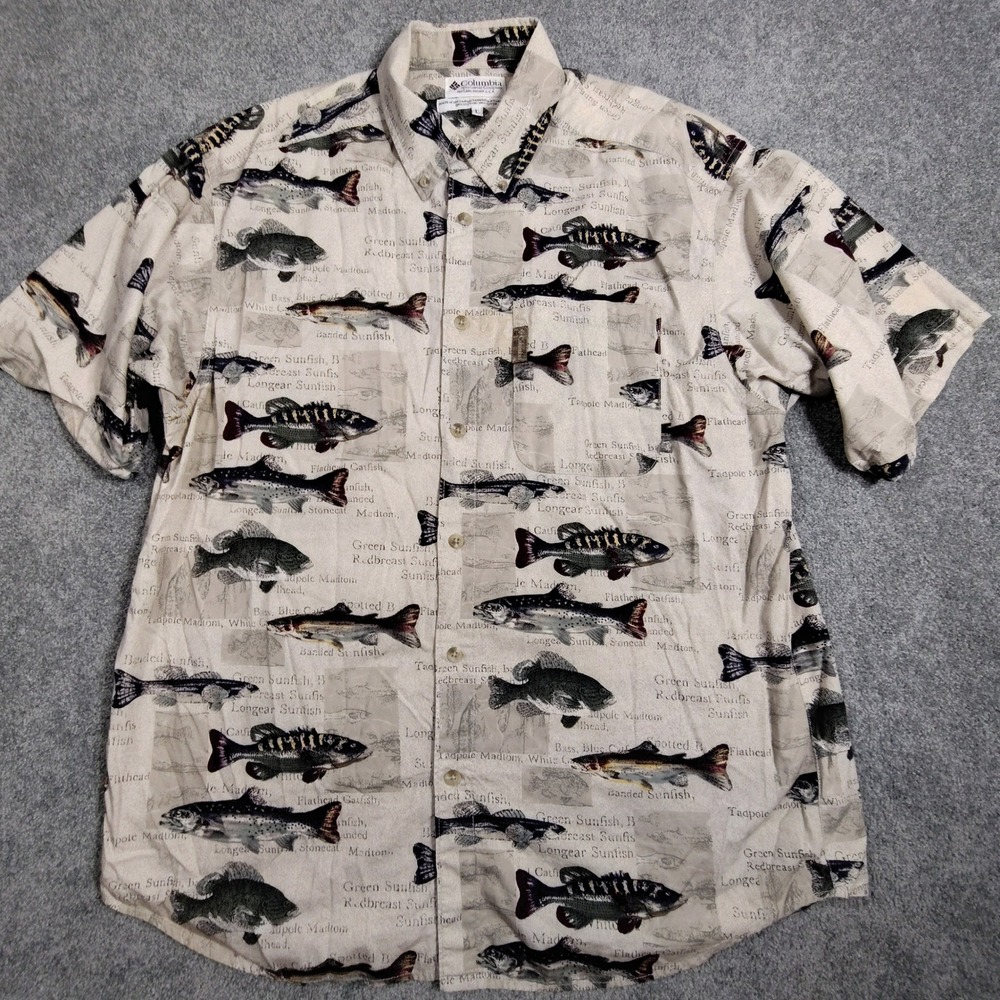 Columbia Mens Large Tan Fish Print Short Sleeve Button Up Cotton Shirt L